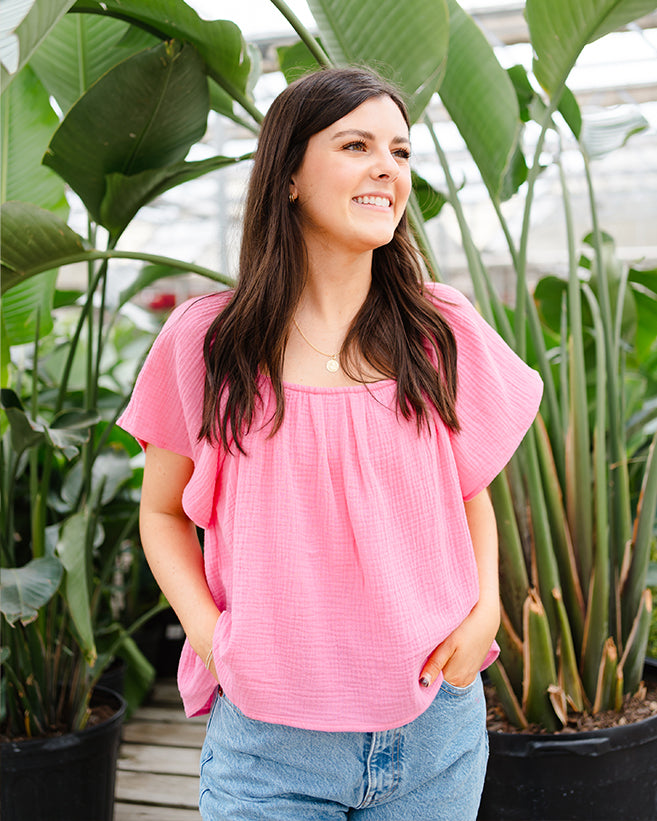 Square Neck Tie Back Top - Pink