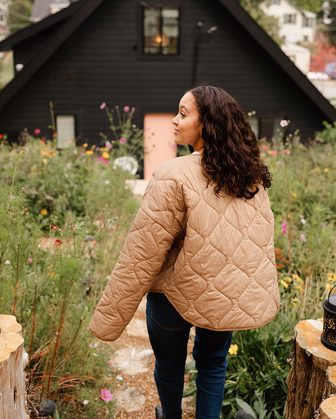 Quilted Crewneck Puffer Jacket - Taupe