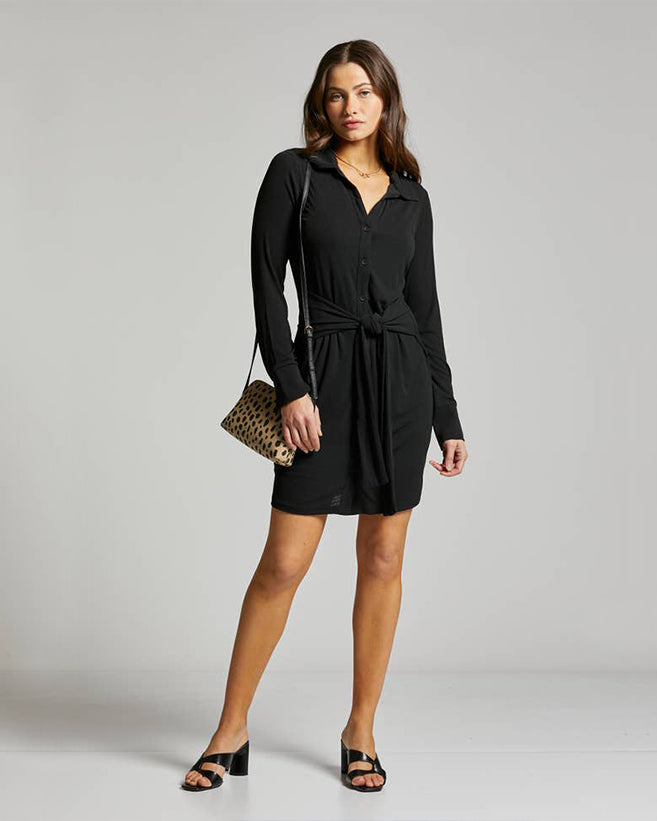 Black Tie-Waist Button-Up Dress