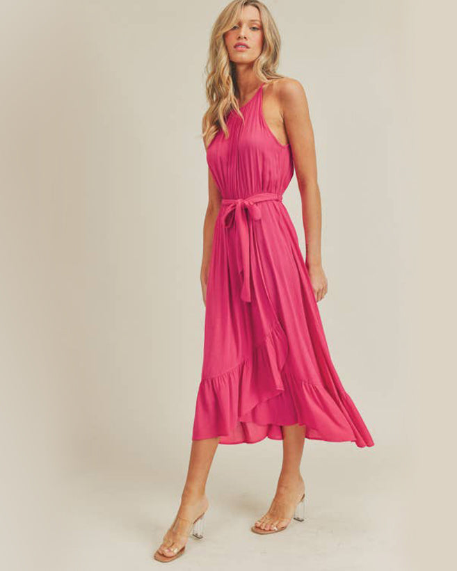 Fuchsia Tie Waist Midi Dress