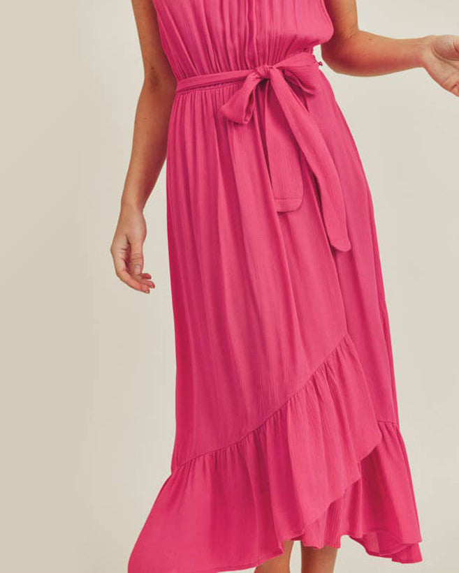Fuchsia Tie Waist Midi Dress