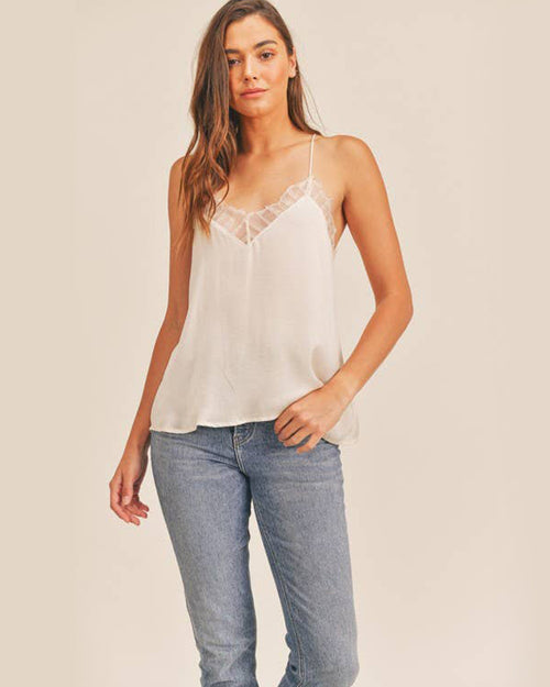 Pleated lace cami tank top off white